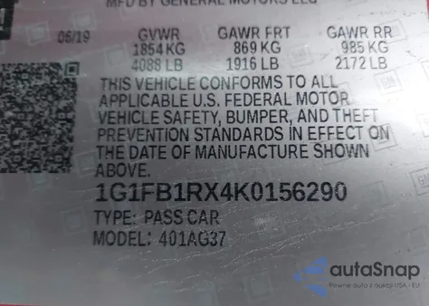 2019 Chevrolet Camaro 1Ls z USA, uszkodzony, nr VIN 1G1FB1RX4K0156290